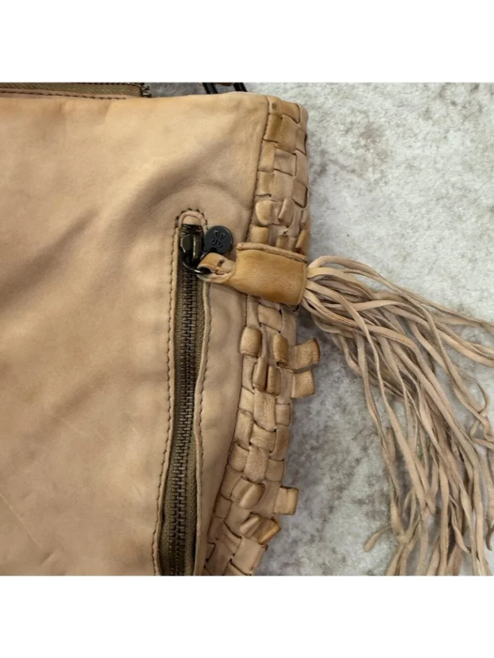 Hobo Hobo Bag Womens Large Beige Leather Woven Boho Tassel Zip Top Shoulder